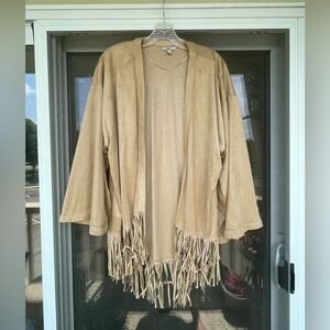 Bass Fringe Faux Suede Tan Jacket, kimono sleeve, size large